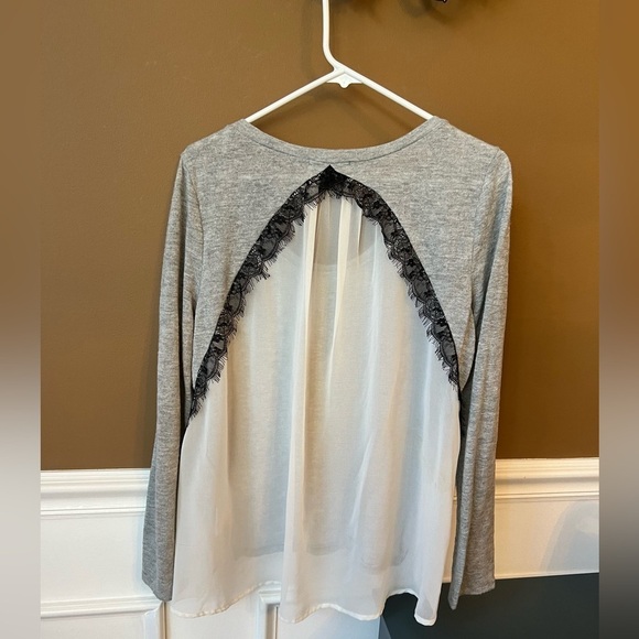LUSH Womens Grey Sweater with Sheer back and Lace trim Size Large Business - Picture 3 of 5